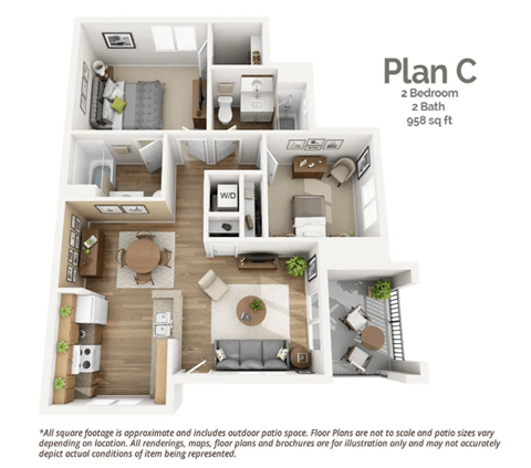 Floor plan for 2 beds, 2 baths, 958 sqft